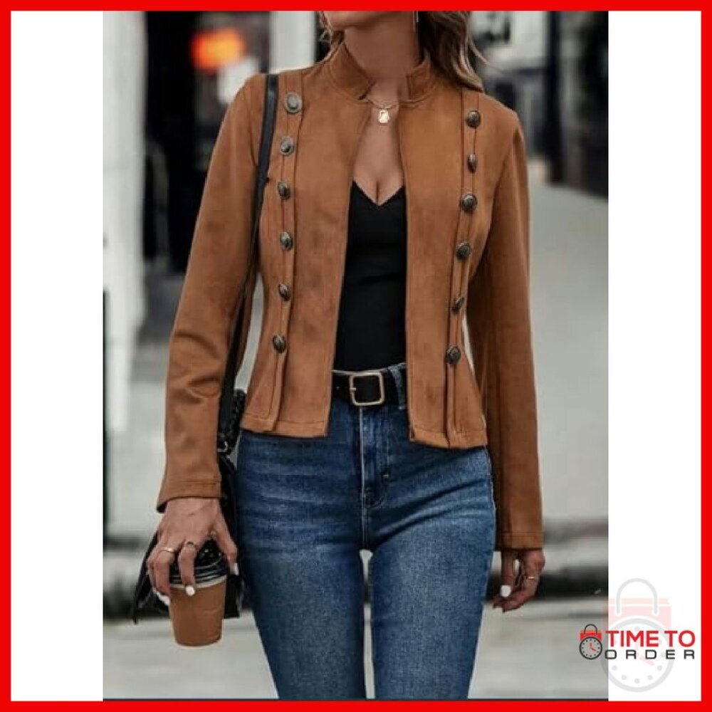 Faux Suede Leather Jacket Long Sleeve Blazer Slim Fit Cropped - Picture 4 of 6